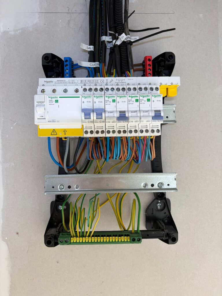 Tableau électrique avec disjoncteurs Schneider Electric soigneusement câblés